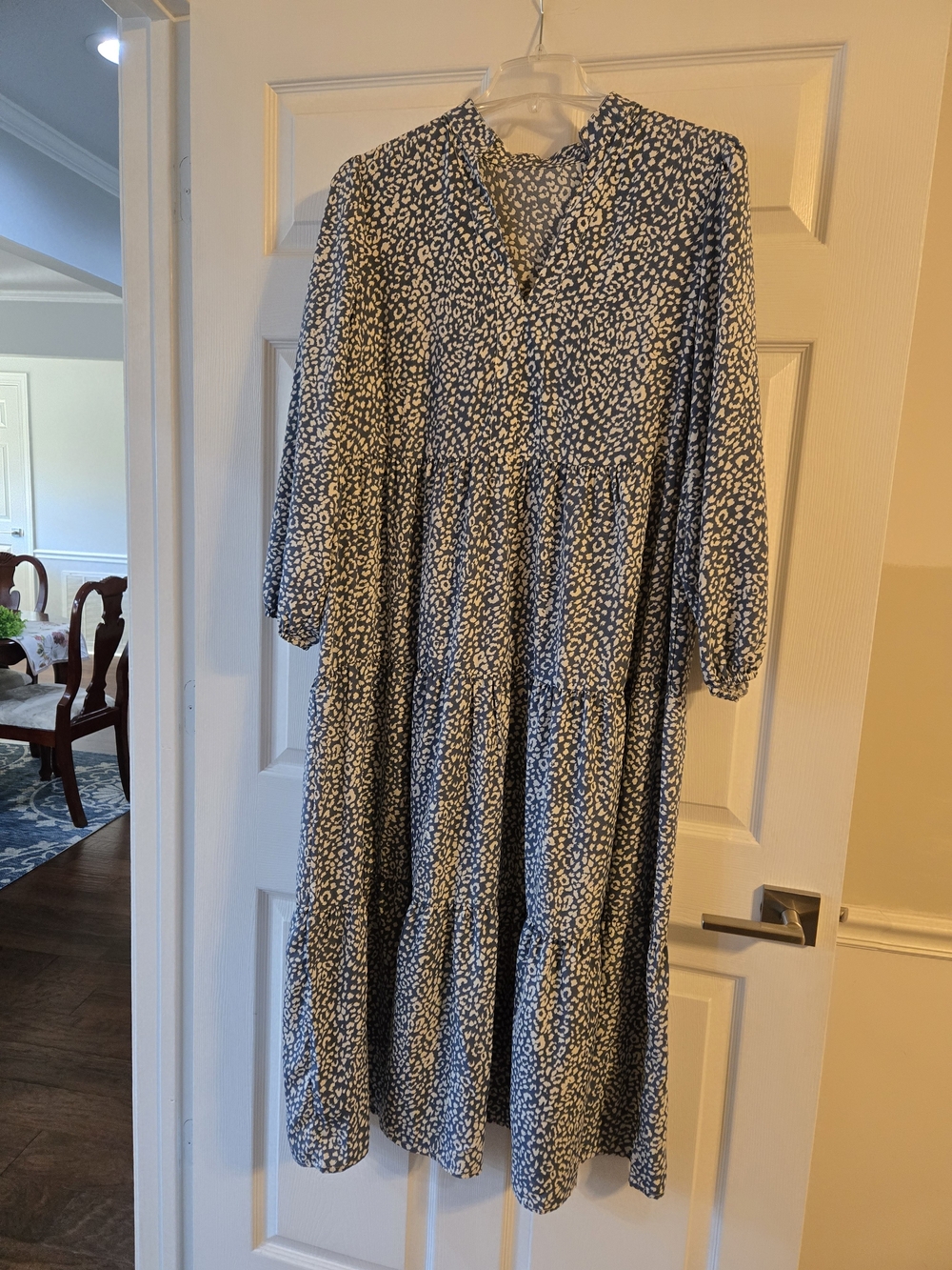 SHEIN Blue and White Printed Midi Tiered Dress